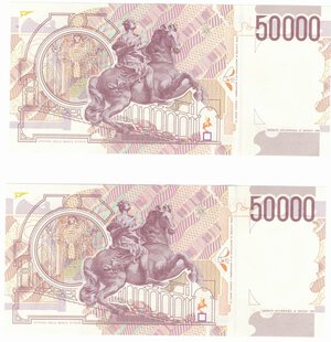 reverse: Banconote. Repubblica Italiana. 50.000 lire Bernini. 2°tipo. 1995. 2 Pezzi consecutivi. Gig. BI 81C.