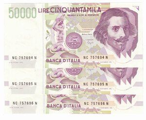 obverse: Banconote. Repubblica Italiana. 50.000 lire Bernini. 2°tipo. 1995. 3 Pezzi consecutivi. Gig. BI 81C. 