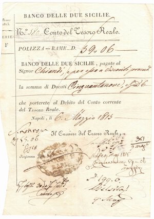 obverse: Scripofilia. Periodo borbonico. Polizza rame da 59 Ducati e 6 Grani. 1813.