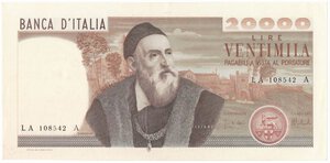 obverse: Banconote. Repubblica Italiana. 20.000 lire. Tiziano. D.M. 21-02-1975.
