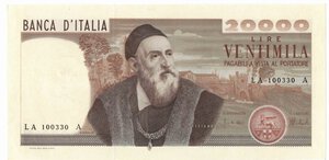 obverse: Banconote. Repubblica Italiana. 20.000 lire. Tiziano. D.M. 21-02-75. Gig. BI77A. 