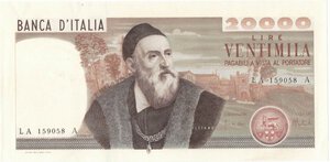 obverse: Banconote. Repubblica Italiana. 20.000 lire. Tiziano. D.M. 21/02/1975. Gig. BI77A. qSPL/SPL. 