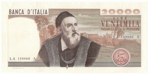 obverse: Banconote. Repubblica Italiana. 20.000 lire. Tiziano. D.M. 21/02/1975. Gig. BI77A.