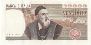 obverse: Banconote. Repubblica Italiana. 20.000 lire. Tiziano. D.M. 21/02/1975. Gig. BI77A. 