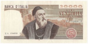 obverse: Banconote. Repubblica Italiana. 20.000 lire. Tiziano. D.M. 21/02/1975. 