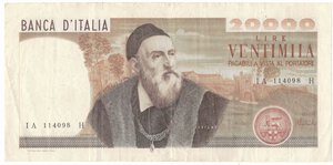 obverse: Banconote. Repubblica Italiana. 20.000 lire. Tiziano. D.M. 21/02/1975. Gig. BI77A. 