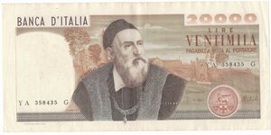obverse: Banconote. Repubblica Italiana. 20.000 lire. Tiziano. D.M. 21/02/1975. Gig. BI77A.
