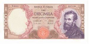 obverse: Banconote. Repubblica Italiana. 10.000 lire. Michelangelo. D.M. 27-11-73. 