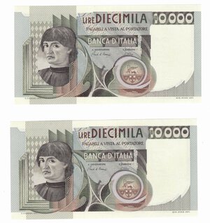 obverse: Banconote. Repubblica Italiana. 10.000 lire Del Castagno. D.M. 06/09/1980. 2 Pezzi consecutivi. Gig. BI 75C. 