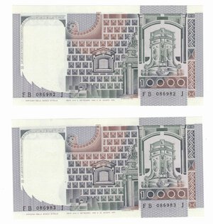 reverse: Banconote. Repubblica Italiana. 10.000 lire Del Castagno. D.M. 06/09/1980. 2 Pezzi consecutivi. Gig. BI 75C. 