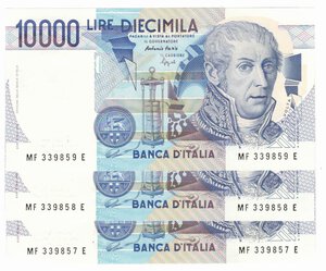 obverse: Banconote. Repubblica Italiana. 10.000 lire Alessandro Volta. 1994. 3 Pezzi consecutivi. Gig. BI 76F.