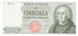 obverse: Banconote. Repubblica Italiana. 5000 lire Colombo I° tipo. D.M. 03/09/1964. 