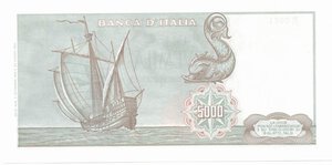 reverse: Banconote. Repubblica Italiana. 5000 lire Colombo I° tipo. D.M. 03/09/1964. 