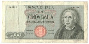 obverse: Banconote. Repubblica Italiana. 5.000 lire Colombo 1° tipo. D.M. 20-01-1970. 