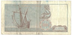 reverse: Banconote. Repubblica Italiana. 5.000 lire Colombo 1° tipo. D.M. 20-01-1970. 
