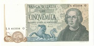 obverse: Banconote. Repubblica Italiana. 5000 lire Colombo II° tipo. D.M. 11/04/1973. Gig. BI 67B. 