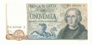 obverse: Banconote. Repubblica Italiana. 5000 lire Colombo 2° tipo. D.M. 11-04-1973. 