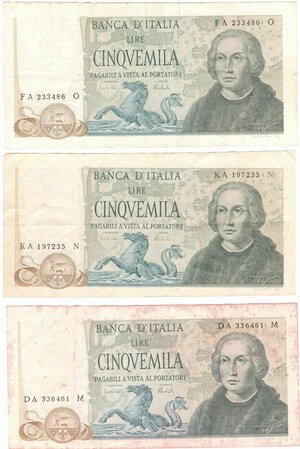 obverse: Banconote. Repubblica Italiana. 5.000 lire Colombo II° tipo. D.M. 11-04-1973. Lotto di 3 pezzi. 