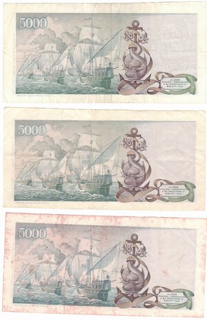 reverse: Banconote. Repubblica Italiana. 5.000 lire Colombo II° tipo. D.M. 11-04-1973. Lotto di 3 pezzi. 