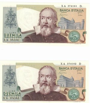 obverse: Banconote. Repubblica Italiana. 2.000 Lire. Galileo Galilei. Lotto di 2 banconote. Serie Sostitutive Consecutive XA…D. 