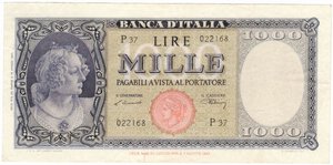 obverse: Banconote. Repubblica Italiana. 1000 lire Italia (Testina). D.M. 20/03/1947. 