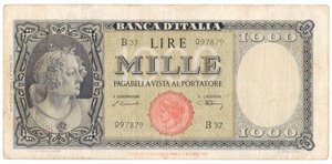 obverse: Banconote. Repubblica Italiana. 1.000 lire Italia (Testina). D.M. 20/03/1947. 