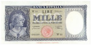 obverse: Banconote. Repubblica Italiana. 1.000 lire Italia (Testina). D.M. 20/03/1947. Serie sostitutiva. 