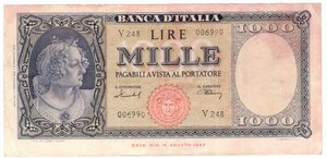 obverse: Banconote. Repubblica Italiana. 1.000 lire Italia (Medusa). D.M. 11 Febbraio 1949. 