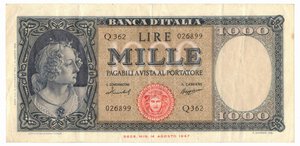 obverse: Banconote. Repubblica Italiana. 1.000 lire Italia (Medusa). D.M. 15 Settembre 1959. 