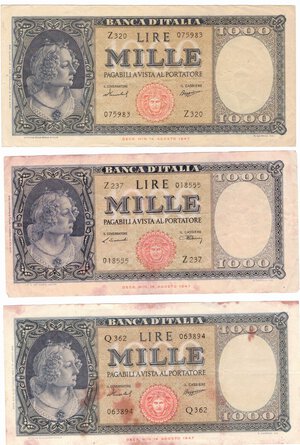 obverse: Banconote. Repubblica Italiana. 1.000 lire Italia (Medusa). Lotto di 3 pezzi. 