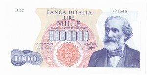 obverse: Banconote. Repubblica Italiana. 1000 lire Giuseppe Verdi I Tipo. D.M. 05/07/1963. 