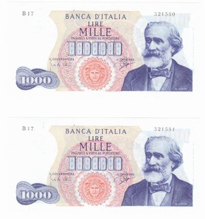 obverse: Banconote. Repubblica Italiana. 1000 lire Giuseppe Verdi I Tipo. D.M. 05/07/1963. 2 Pezzi consecutivi.
