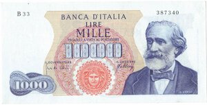 obverse: Banconote. Repubblica Italiana. 1000 lire Giuseppe Verdi I Tipo. D.M. 10/08/1965. 