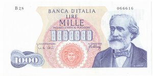 obverse: Banconote. Repubblica Italiana. 1000 lire Giuseppe Verdi I Tipo. D.M. 10/08/1965.