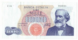 obverse: Banconote. Repubblica Italiana. 1.000 Lire G.Verdi 1°Tipo. D.M. 20 Maggio 1966.