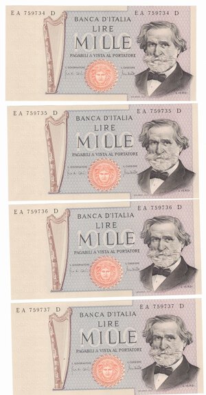 obverse: Banconote. Repubblica Italiana. 1.000 lire Giuseppe Verdi II Tipo. D.M. 25/03/1969. 4 Pezzi consecutivi. Gig. BI 56A. 