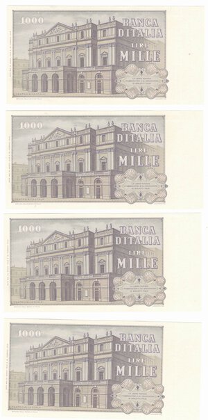reverse: Banconote. Repubblica Italiana. 1.000 lire Giuseppe Verdi II Tipo. D.M. 25/03/1969. 4 Pezzi consecutivi. Gig. BI 56A. 