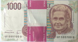 obverse: Banconote. Repubblica Italiana. Mazzetta di 100 pezzi da 1000 lire Montessori. 1996. 