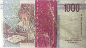 reverse: Banconote. Repubblica Italiana. Mazzetta di 100 pezzi da 1000 lire Montessori. 1996. 