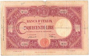 obverse: Banconote. Repubblica Italiana. 500 Lire Grande C. (B.I.) D.M. 20-11-1946. 