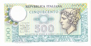 obverse: Banconote. Repubblica Italiana. 500 lire 