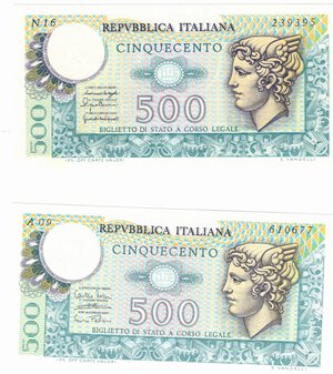 obverse: Banconote. Repubblica Italiana. 500 Lire Mercurio. Lotto di 2 Pezzi. 