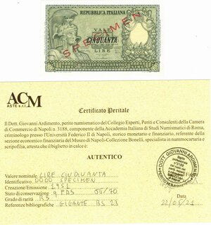 obverse: Banconote. Repubblica Italiana. 50 lire Atena. 1951. Specimen. Gig.BS23. Perizia Ardimento qFDS. RRRRR. 