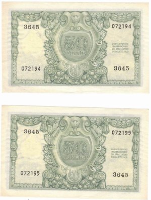 reverse: Banconote. Repubblica Italiana. 50 Lire. Italia elmata. D.M. 31-12-1951. 2 Pezzi consecutivi. BS 23B. 