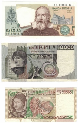 obverse: Banconote. Repubblica Italiana. Lotto di 3 banconote. 10.000 Lire Del Castagno, 5.000 lire Antonello da Messina e 2000 Lire Galileo. 