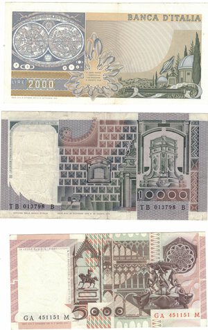 reverse: Banconote. Repubblica Italiana. Lotto di 3 banconote. 10.000 Lire Del Castagno, 5.000 lire Antonello da Messina e 2000 Lire Galileo. 