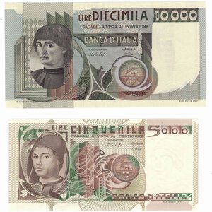 obverse: Banconote. Repubblica Italiana. 10.000 Lire del Castagno  e  5.000 Lire Antonello da Messina. Lotto di 2 pezzi. 