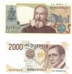obverse: Banconote. Repubblica Italiana. Lotto di 2 banconote. 2.000 Lire Galileo (qFDS) e 2.000 lire Marconi. (qFDS). 