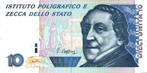 reverse: Banconote. Repubblica Italiana. 10 unità: Prototipo 1986 per la lira pesante.