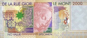 reverse: Banconote. Repubblica Italiana. Specimen del 2 000 lire Leonardo De La Rue Giori. 